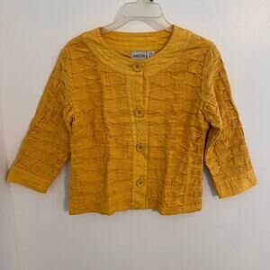 Chicos Jacket Womens Size 0 Small Yellow Textured 3/4 Sleeve Botton Blazer Lined
